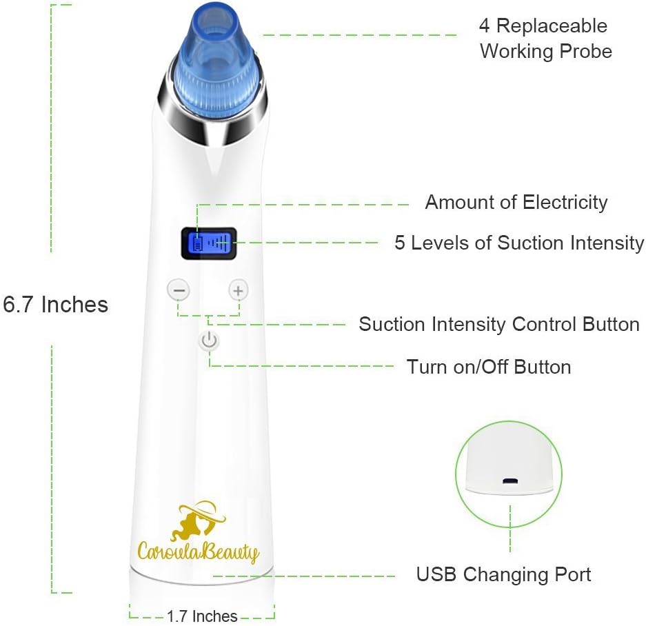 Facial Blemish & Blackhead Remover Tool, LED Display, USB Rechargeable Pore/Acne Cleaner, 4 Interchangeable Heads