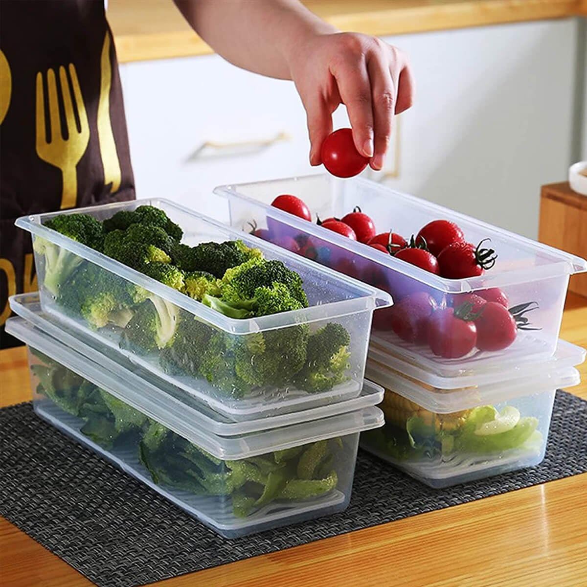 FROST BITE Fridge Storage Boxes (Pack of 6), Fridge Organizer with Removable Drain Plate Fridge Storage Containers Keeps Fruits, Vegetables, Meat, Fish Fresh Longer 1500 ML Container Box