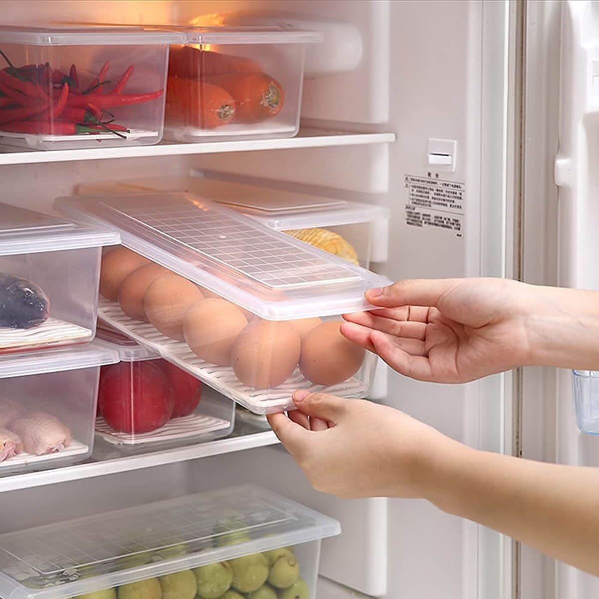 FROST BITE Fridge Storage Boxes (Pack of 6), Fridge Organizer with Removable Drain Plate Fridge Storage Containers Keeps Fruits, Vegetables, Meat, Fish Fresh Longer 1500 ML Container Box
