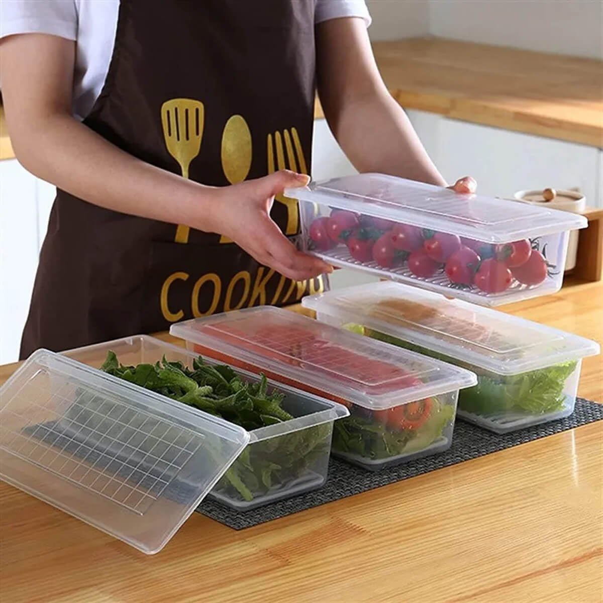 FROST BITE Fridge Storage Boxes (Pack of 6), Fridge Organizer with Removable Drain Plate Fridge Storage Containers Keeps Fruits, Vegetables, Meat, Fish Fresh Longer 1500 ML Container Box